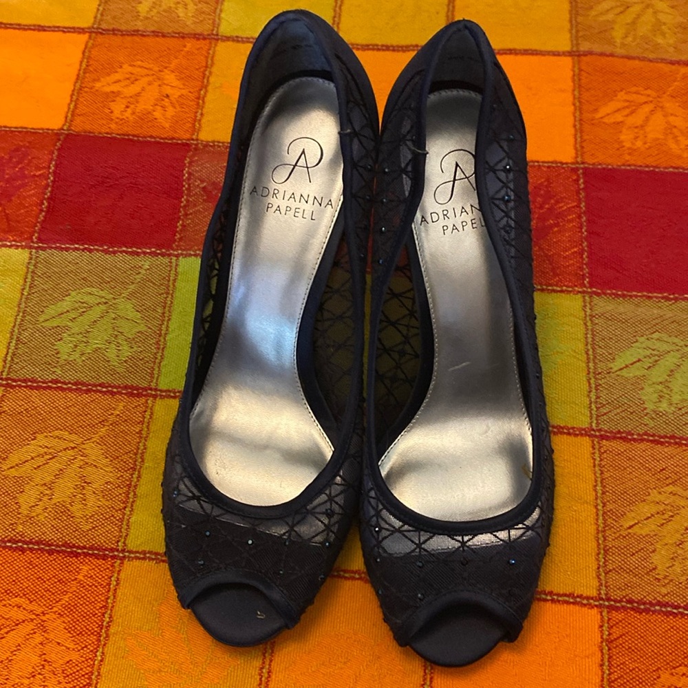 Adrianna Papell Sheer Navy Sparkle Heels Size: 8M